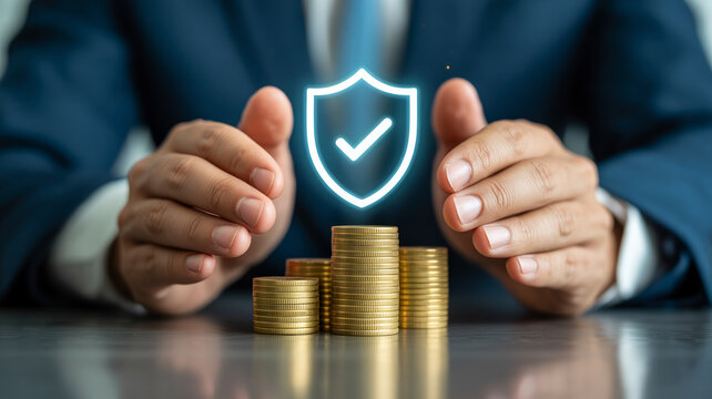 A businessman protects a stack of gold coins with a glowing shield symbol.