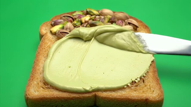 Close Up Looping Footage Of Pistachio Cream Spread On Toast With Whole Pistachios On Top Against A Vibrant Green Background