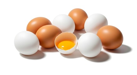 Fresh eggs displayed on white background ready for cooking and consumption