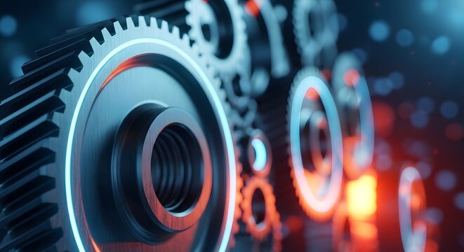Closeup of glowing gears on a dark background with red lights