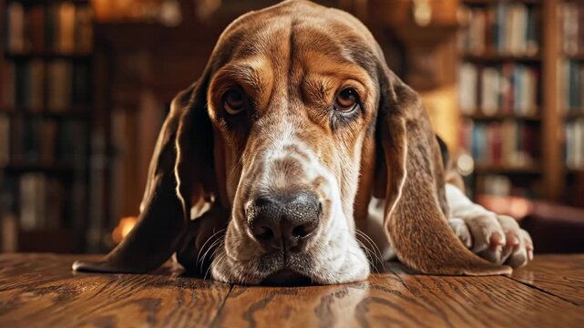 Basset Hound dog rests its head on a wooden table. It looks directly at the camera with sad eyes. The cozy library background provides a warm, domestic setting.