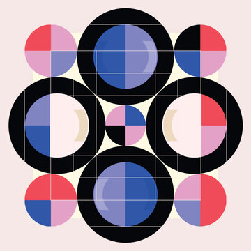 Seamless vector pattern with abstract geometric circles and stars. Minimalist orange line art ornament on a dark blue background for modern textile, wallpaper, and elegant branding design.