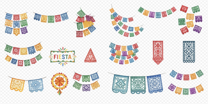 Mexican papel picado banners and decorations set for fiesta celebration, traditional vibrant paper cutouts.