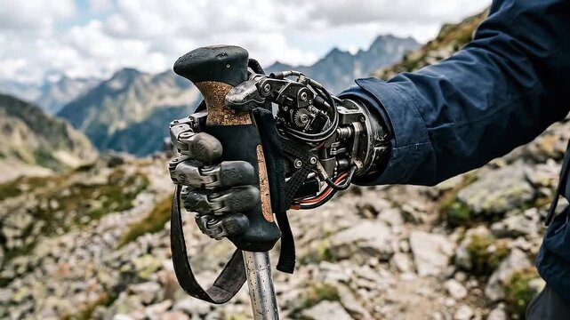 Assistive exoskeleton hiker with prosthetic hand gripping trekking pole rugged mountain trail showing mechanical detail, adaptive mobility