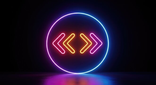 Neon sign with code brackets in oval frame