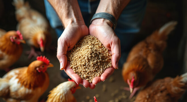 Man cupped hands hold feed for chickens in a coop. Hens gather close anticipating meal. Scene suggests farm life, animal care, and food production.