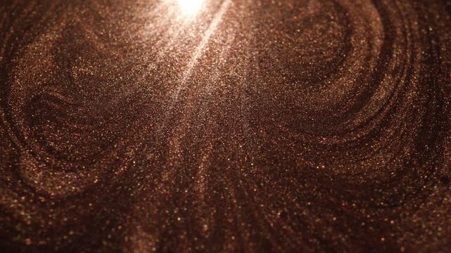 Rotating detailed close-up of dark rose gold paint with specialized sandy texture and radiant glitter particles sweeping dynamically on black background
