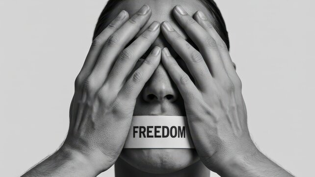 Censored man with hands over eyes and tape with freedom text on mouth
