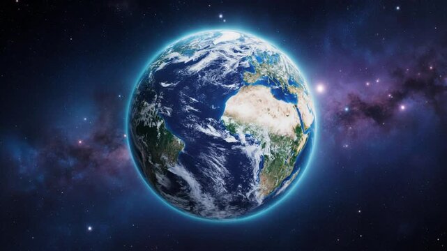 Earth from space with galaxy background.