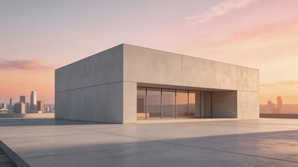 Minimalist concrete building with large glass windows, situated on a rooftop with urban skyline in the distance. Clean lines, modern architecture, and open design.