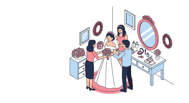 Elegant bride preparing for her wedding day with the help of stylists or friends adjusting her white dress and floral bouquet.