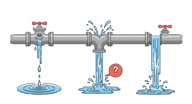 Detailed illustration of a damaged gray water pipe experiencing multiple leaks and spraying water at different points of failure.