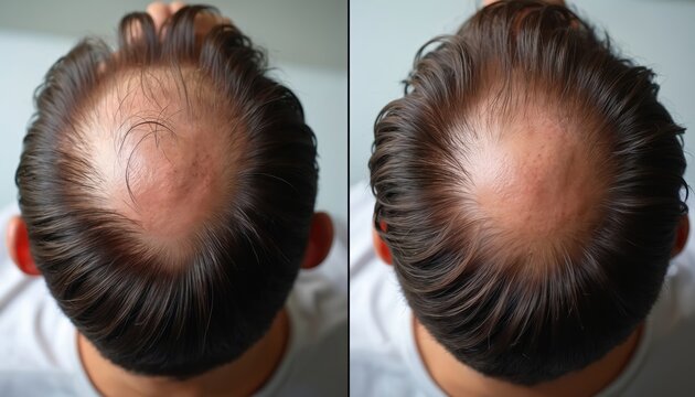 Split image shows man with thinning hair before and after treatment. Hair growth is visible on treated side. Comparison highlights hair loss solution success.