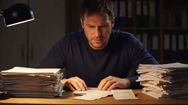 Man sitting at a desk with stacks of papers, working late at night under a lamp, conveying anxiety relief while organizing documents