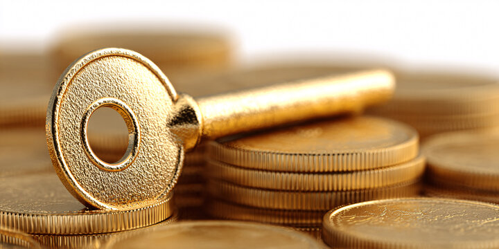 Golden key resting on stacks of gold coins, symbolizing wealth, success, and financial opportunity