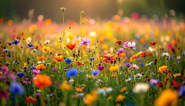 Dense Field of Small Wildflowers Filling Entire Frame Colorful Background
