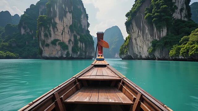 boat on turquoise water bay with limestone cliffs karst scenery