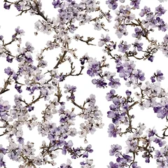 Nahtloses Muster mit zarten lila und weißen Blütenzweigen auf reinweißem Hintergrund für Textildesign. © AnaiChan