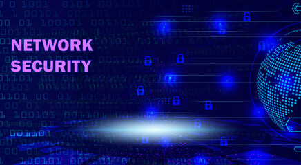 Obraz premium Network security technology background with padlock icons and binary code for cyber protection web banner