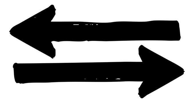 Two horizontal black arrows drawn with wide strokes and uneven texture, pointing in opposite directions on a white background. Vector illustration.