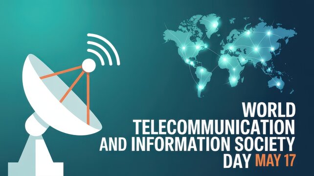 World Telecommunication and Information Society Day May 17 with satellite dish icon and map
