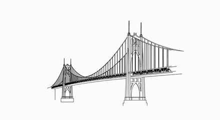 Obraz premium St. Johns Bridge, Portland, Oregon - Black and White Line Drawing Illustration
