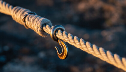 Close-up of a metal hook attached to a thick rope outdoors.