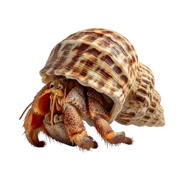 A macro shot of a tropical hermit crab and sea urchin with a spiral seashell isolated on a white background, capturing marine life from the ocean beach
