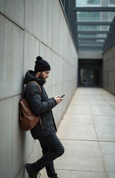 Man with beard wearing winter jacket, beanie, leaning against modern building wall. Holds phone, looks at screen. Brown backpack rests on shoulder. Urban city street scene in daytime, autumn vibe.
