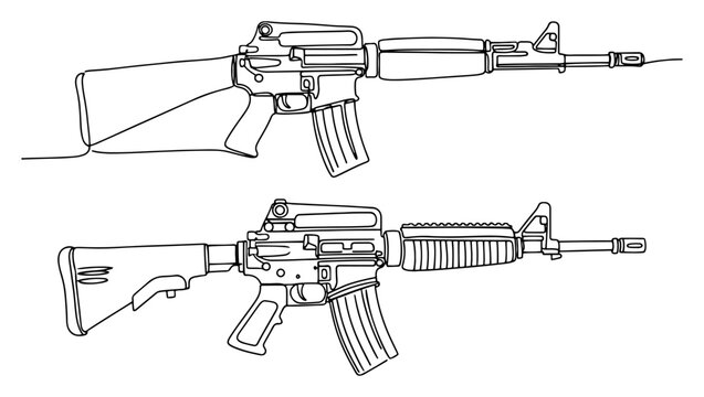 Continuous one line drawing of modern tactical assault rifles in minimalist profile style