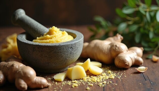 Stone mortar with ginger garlic paste. Fresh roots and cloves sit on wood table. Grinding spices creates aromatic seasoning for cooking. Healthy food preparation.