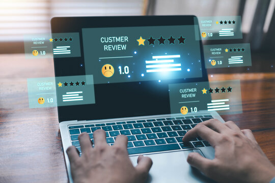 Customer review rating interface on laptop screen showing negative feedback and one star rating. Concept of bad review, poor customer experience, online reputation management, and service quality.
