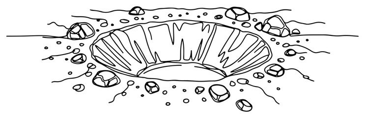 Impact crater on the ground with rocks illustrated in single line style © Alicja