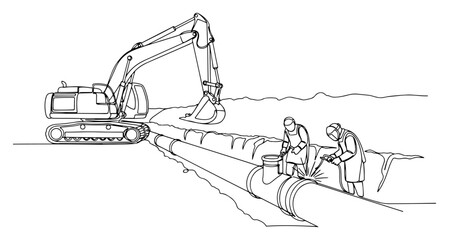 Continuous line drawing of workers welding an oil pipeline next to a heavy excavator © Alicja