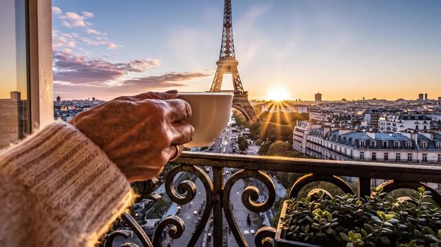 Hand holding a steaming coffee cup with latte art on a balcony overlooking the Eiffel Tower at sunrise