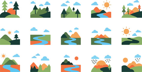 Fototapeta premium Set of 12 landscape icons vector, colorful nature scenes