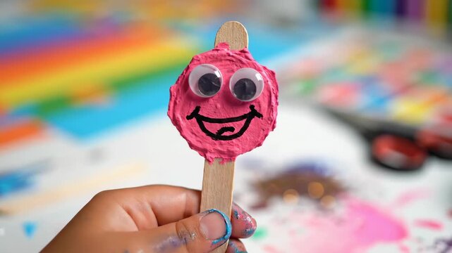 Hand Holding Cute Smiling Popsicle Stick Character
