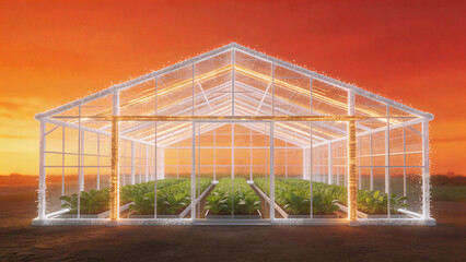 Fototapeta premium Greenhouse with Luminous Lighting at Sunset