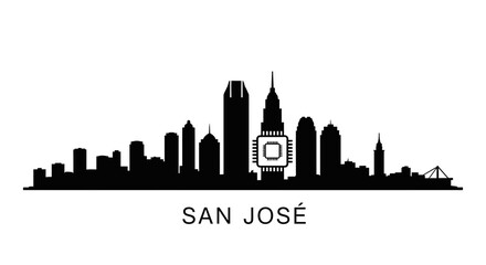 Fototapeta premium San Jose Skyline Silhouette with CPU Chip Icon - Silicon Valley Technology Hub