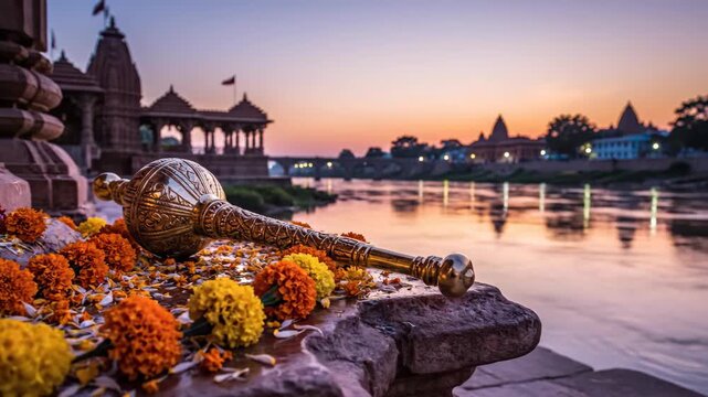 A golden gada adorned with marigolds by a river at sunset, honoring lord hanuman during jayanti.