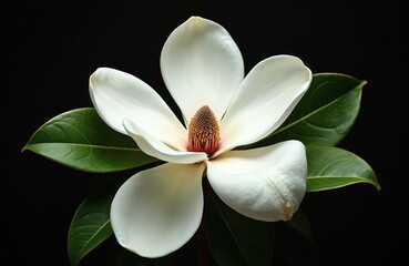 Fototapeta premium Magnolia grandiflora flower with large white petals and green leaves set against a dark background. Close-up view shows intricate detail of bloom center and velvety petals. Natural beauty captured.