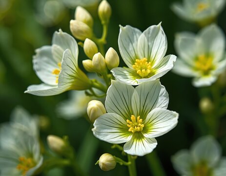 Delicate white bryony flowers bloom with yellow centers and green stems. Buds prepare to open on plant in garden. Closeup view shows detail of petals and stamen.