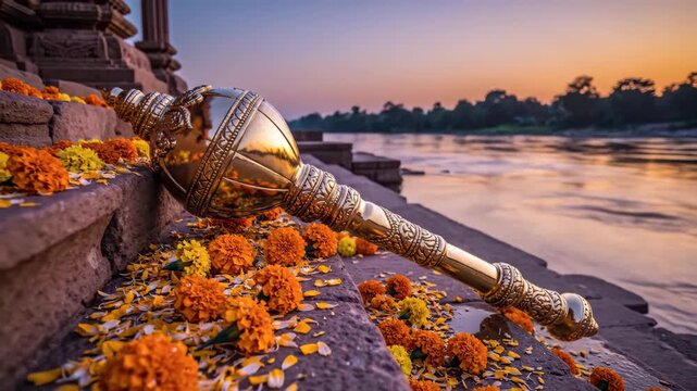 Golden gada adorned with marigolds on stone steps at warm sunset, celebrating hanuman jayanti.