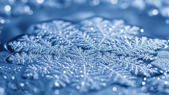 Close-up view of intricate snowflakes resting on a reflective icy surface, showcasing the delicate patterns and shimmering details in a winter setting