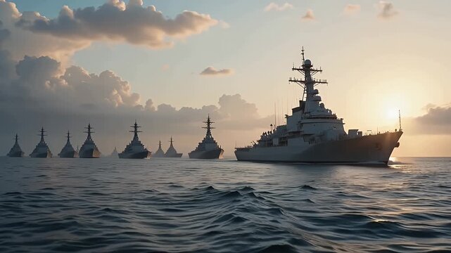 warships fleet at sunset on calm sea, navy ships in formation