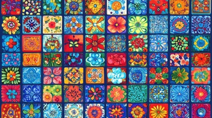 Fototapeta premium Bunte, florale Muster auf quadratischen Kacheln bilden ein lebendiges, farbenfrohes Mosaik aus Textilien.