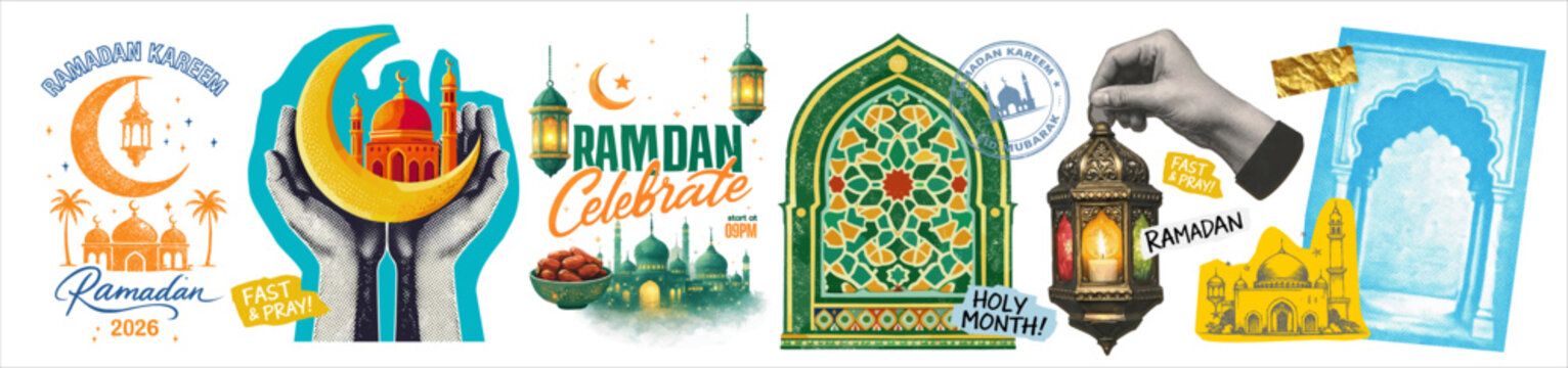 Ramadan Kareem sticker collection with crescent moon, mosque, lantern, prayer mat and islamic ornaments. Festive vector elements for Ramadan celebration, greeting cards, posters and social media desig