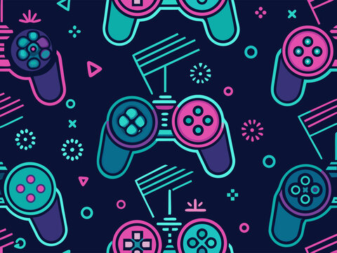 Colorful video game controllers in vector graphic design
