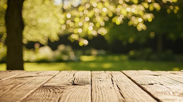 Nature background, Wood table for food and product display over blur green tree garden, Blur park nature outdoor and wood table with bokeh light background in spring and summer