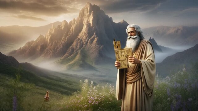 Moses standing on mountain with tablets.